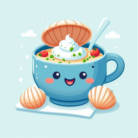 Cute porridge with cream in a blue cup. Vector illustration.のイラスト素材