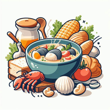 Illustration of a bowl of soup with seafood and vegetables. Vector illustration.のイラスト素材