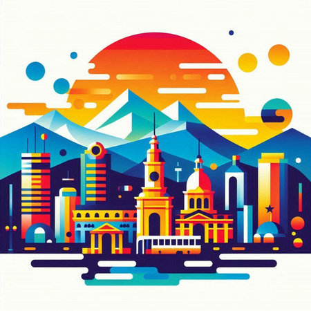 Vector illustration of a modern city. Cityscape with buildings and mountains.のイラスト素材