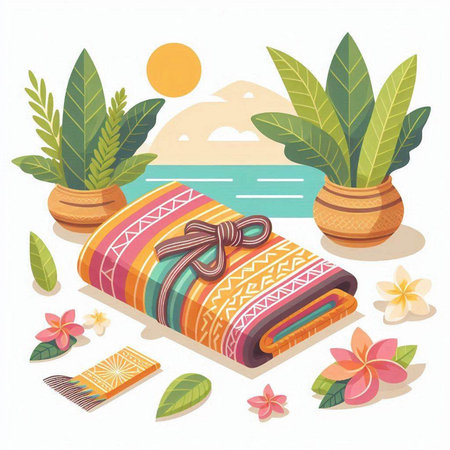 Towels and tropical plants on the beach. Vector illustration.のイラスト素材