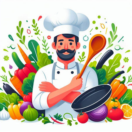 Chef with vegetables. Vector illustration in cartoon style on white background.のイラスト素材