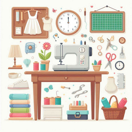 Sewing tools and accessories on the table. Vector illustration.のイラスト素材