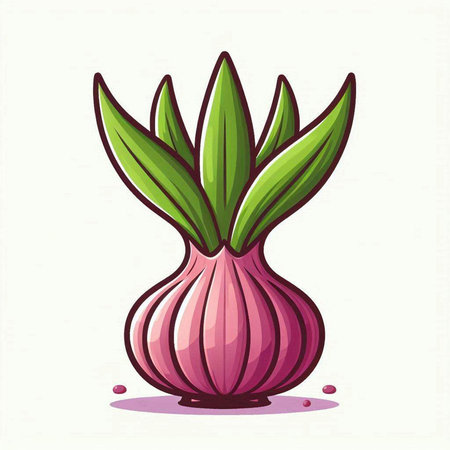 Illustration of a fresh red onion with green leaves on a white backgroundのイラスト素材