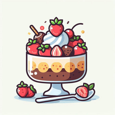dessert in a glass bowl with strawberries and whipped cream, vector illustrationのイラスト素材