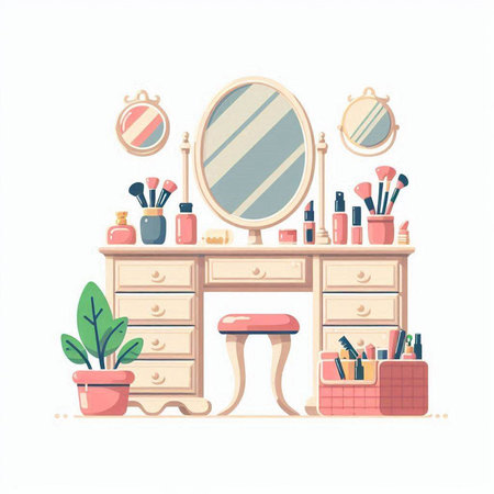 Hand drawn vector illustration of a dressing table with cosmetics and mirror.のイラスト素材