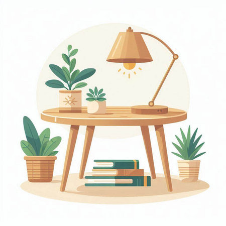 Interior of cozy living room with wooden table, books and plants. Flat vector illustrationのイラスト素材