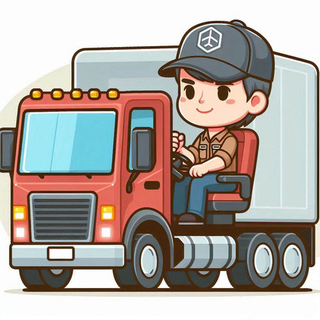 Illustration of a Delivery Boy Sitting on a Truck with His Lorryのイラスト素材