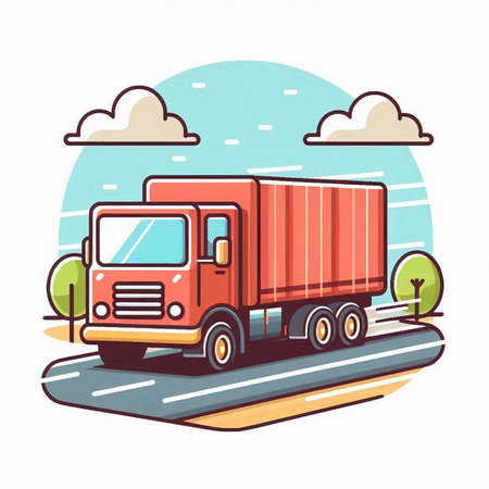 Cargo truck on the road. Vector illustration in cartoon style.のイラスト素材