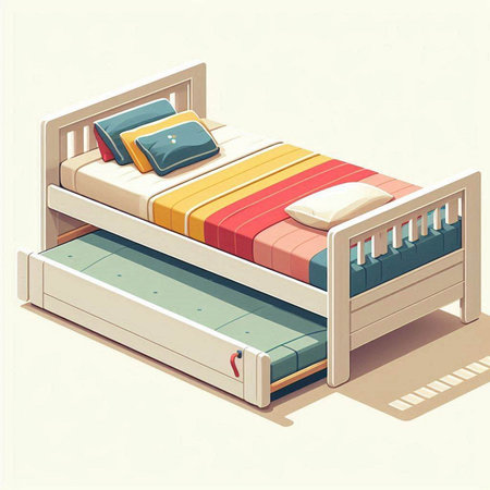 Vector illustration of a single bed with pillows in isometric styleのイラスト素材