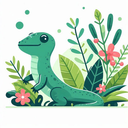 Cute cartoon green lizard with flowers and leaves. Vector illustration.のイラスト素材
