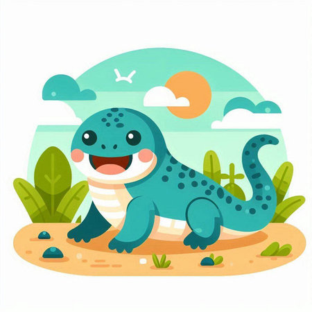 Cute cartoon crocodile on the beach. Vector illustration in flat styleのイラスト素材