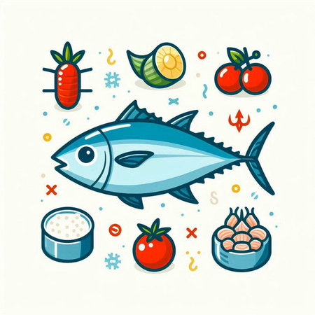 Vector illustration of tuna fish and seafood on white background. Food icons set.のイラスト素材