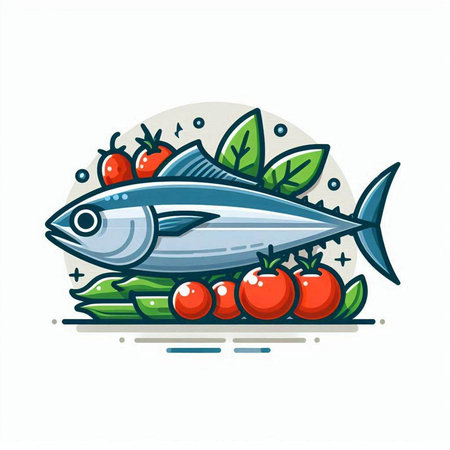 Fresh fish with tomatoes and herbs. Vector illustration on white background.のイラスト素材