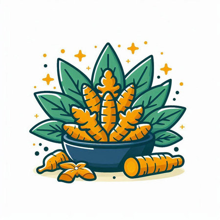 Ceramic bowl with turmeric and leaves. Vector illustration.のイラスト素材