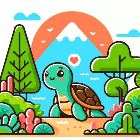 Cute cartoon turtle in the park. Vector illustration in flat styleのイラスト素材