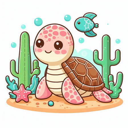 Cute cartoon turtle on the sand with cactuses and fishのイラスト素材