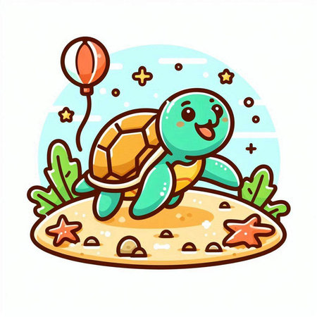Cute cartoon turtle with balloon on the sand. Vector illustration.のイラスト素材