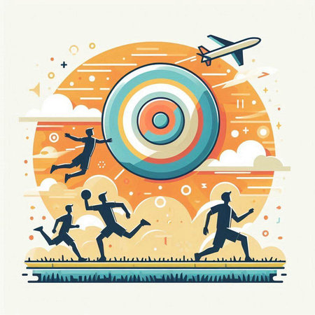 Vector illustration of a group of young people running in a circle around a target.のイラスト素材