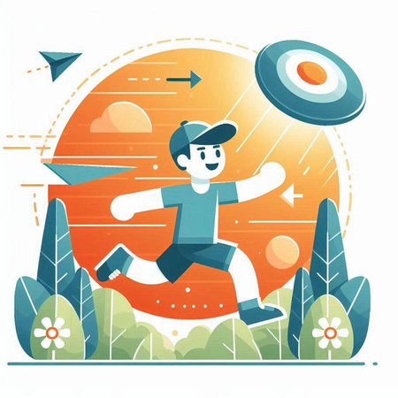 Vector illustration of happy man running in the park. Flat style design.のイラスト素材