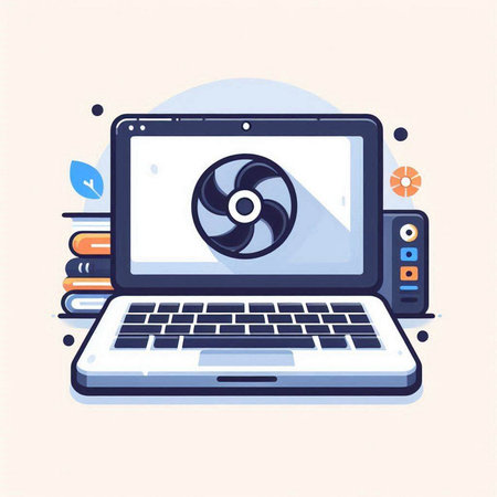 Laptop computer with fan on screen. Flat design vector illustration.のイラスト素材