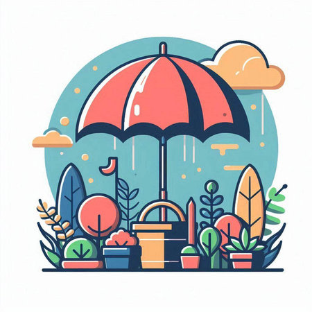 Vector illustration of a flat design of a garden with umbrella and plants.のイラスト素材