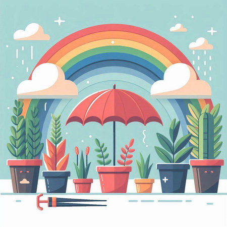 Flat design vector illustration concept of home gardening. Plants in pots with umbrellas and rainbows.のイラスト素材
