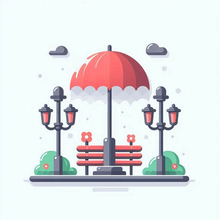 Park bench with umbrella and lanterns. Flat design vector illustration.のイラスト素材