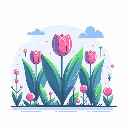Tulip flowers in the park. Vector illustration in cartoon style.のイラスト素材