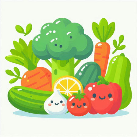 Vegetables vector illustration. Cucumber, tomato, pepper, onion, lemon, cucumber, cauliflower, broccoli, carrot, cucumberのイラスト素材