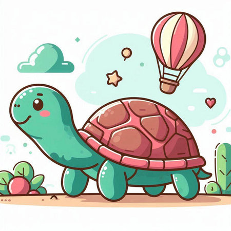Cute Cartoon Turtle with Hot Air Balloon. Vector Illustration.のイラスト素材