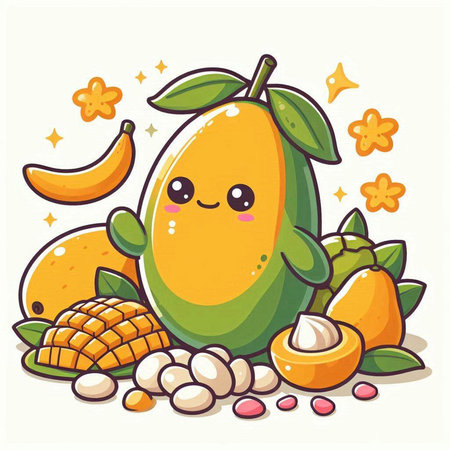 Cute cartoon mango character with tropical fruits and leaves. Vector illustrationのイラスト素材