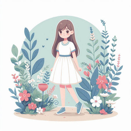 Vector illustration of a girl in a beautiful dress standing in a flower garden.のイラスト素材