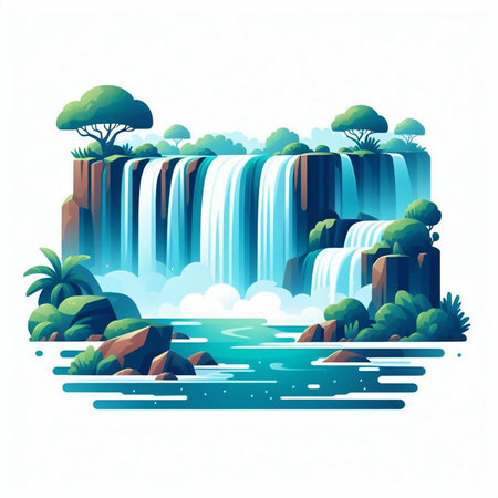 Waterfall in jungle. Waterfall on the river. Vector illustrationのイラスト素材