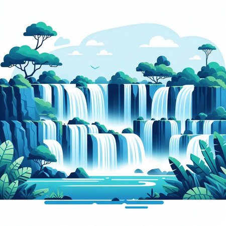 Waterfall background with green forest and blue sky. Vector illustration.のイラスト素材