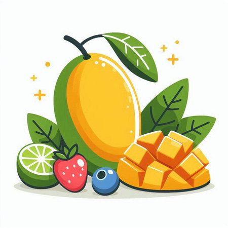 Mango fruit with leaves, berries and fruits. Vector illustration.のイラスト素材