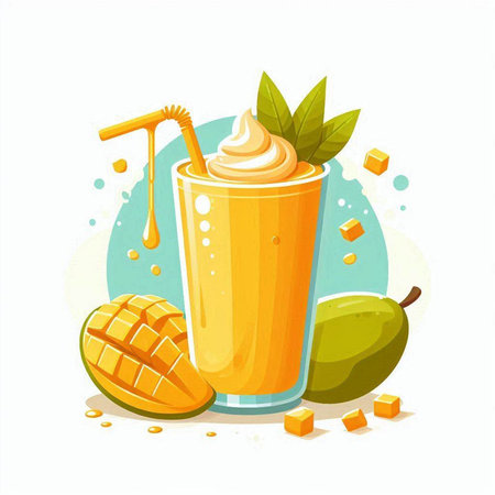 Mango smoothie in a glass with a straw. Vector illustration.のイラスト素材
