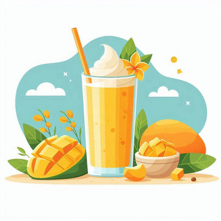 Mango smoothie in a glass with a straw. Vector illustration.のイラスト素材