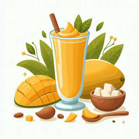 Mango smoothie. Mango juice in a glass and ingredients. Vector illustration.のイラスト素材