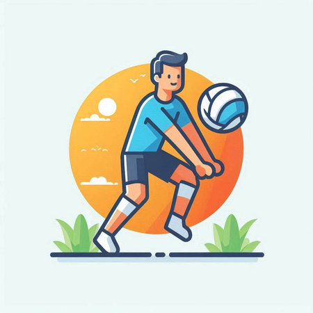Volleyball player flat vector illustration. Young man in sportswear playing volleyball on field. Active lifestyle concept.のイラスト素材