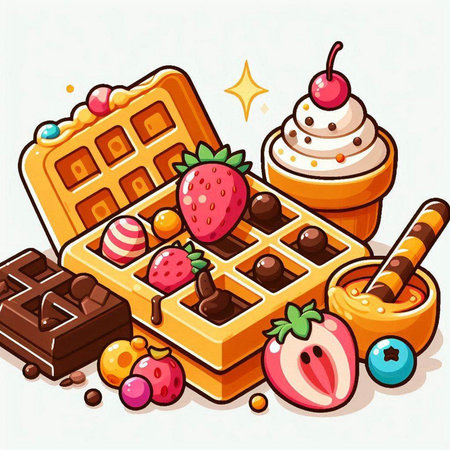 Illustration of a set of sweet waffles with fruits and chocolateのイラスト素材