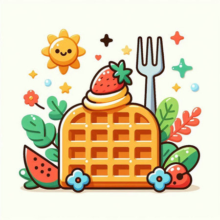 Vector illustration of a waffle with ice cream, strawberries and sunflowerのイラスト素材