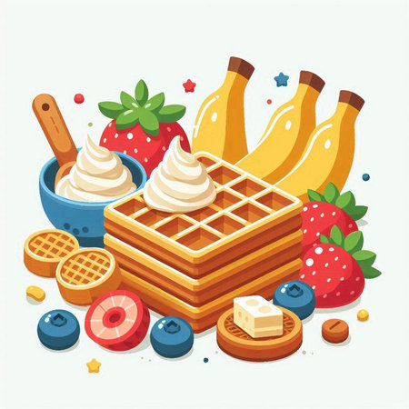 Vector illustration of waffles with ice cream, berries and fruits.のイラスト素材