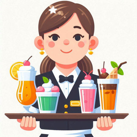 Illustration of a waitress holding a tray full of smoothies.のイラスト素材