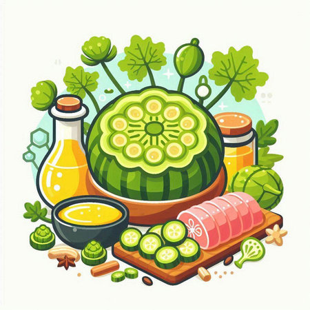 Vector illustration of cucumber with ingredients for sushi on white background.のイラスト素材
