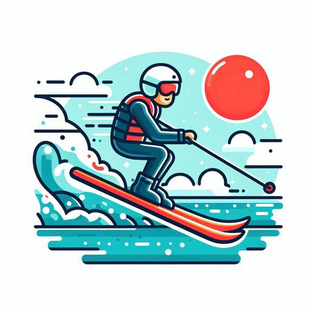 Skier in helmet and goggles skiing on the water. Vector illustration.のイラスト素材