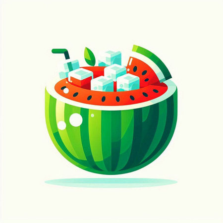 Fresh watermelon slice with ice cubes and mint leaves. Vector illustration.のイラスト素材