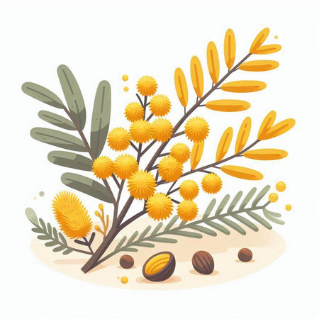 Mimosa branch with yellow flowers and nuts. Vector illustration.のイラスト素材