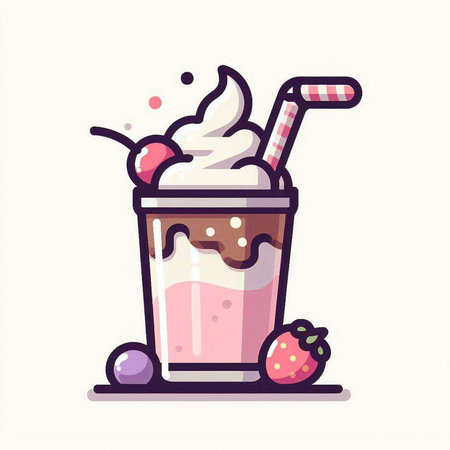 Milkshake with whipped cream and cherry. Vector illustration in flat styleのイラスト素材