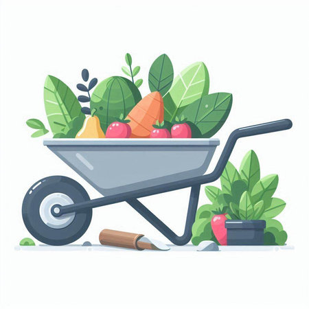 Garden wheelbarrow with fruits and vegetables, vector illustration.のイラスト素材