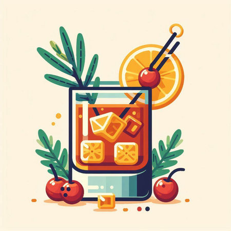 Cocktail with ice, cherry and rosemary. Vector illustrationのイラスト素材